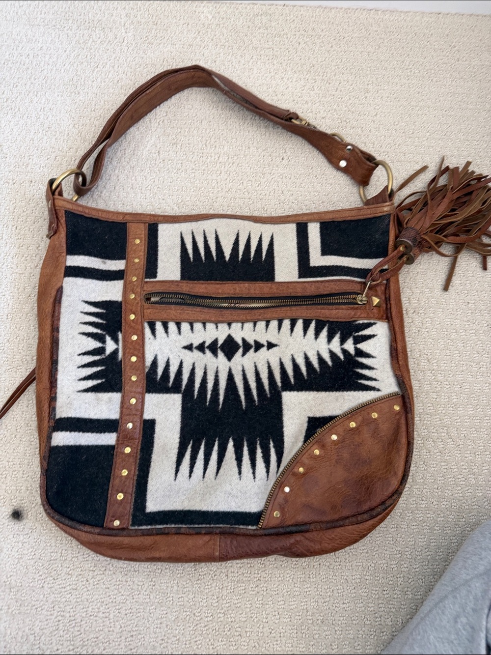 Brown Leather & Black-White Patterned Shoulder Bag